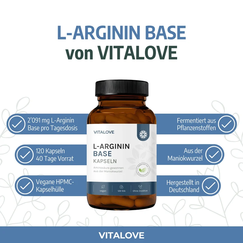 L-Arginin Base Kapseln – aus der Maniokwurzel – 120 Kapseln