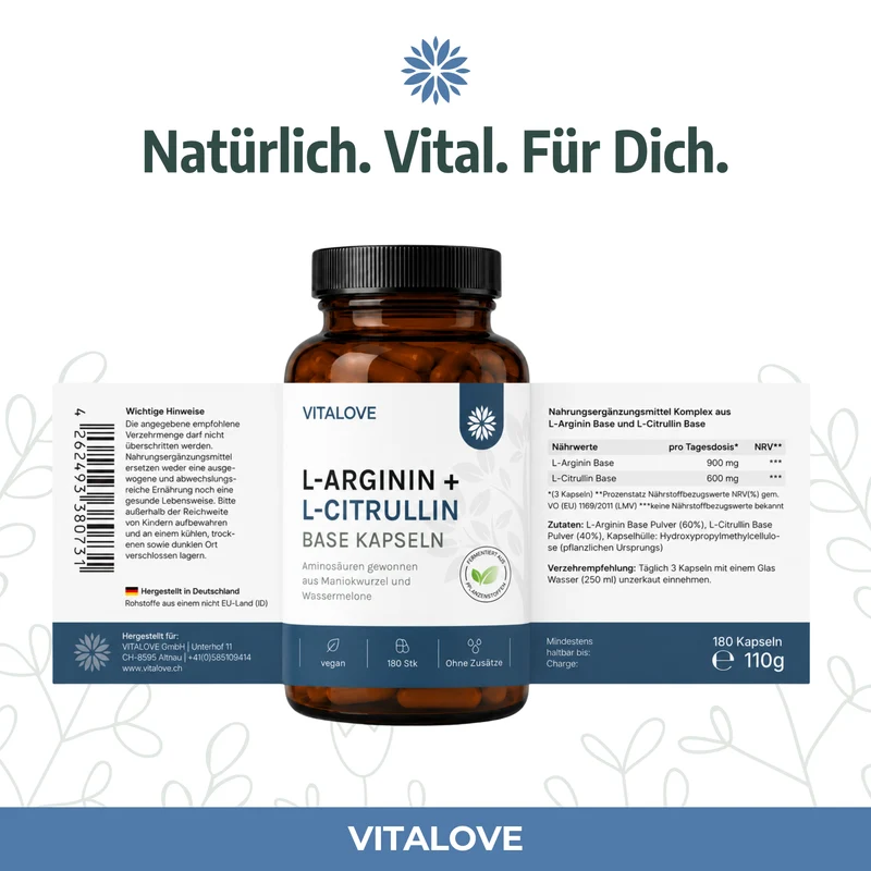 L-Arginin + L-Citrullin Base Kapseln – Maniokwurzel & Wassermelone – 180 Kapseln