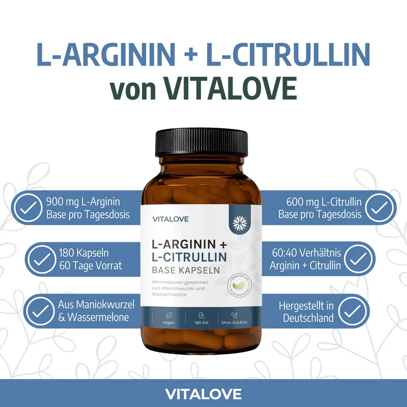 L-Arginin + L-Citrullin Base Kapseln – Maniokwurzel & Wassermelone – 180 Kapseln