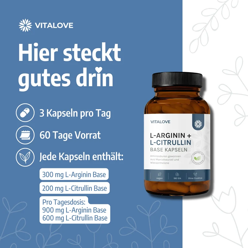 L-Arginin + L-Citrullin Base Kapseln – Maniokwurzel & Wassermelone – 180 Kapseln