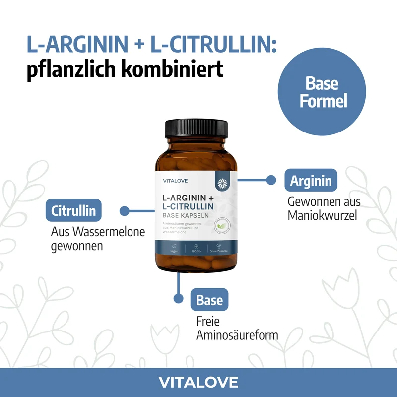 L-Arginin + L-Citrullin Base Kapseln – Maniokwurzel & Wassermelone – 180 Kapseln