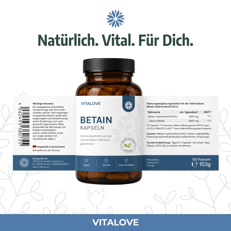 Betain HCL Kapseln – aus Zuckerrüben-Melasse – 120 Kapseln