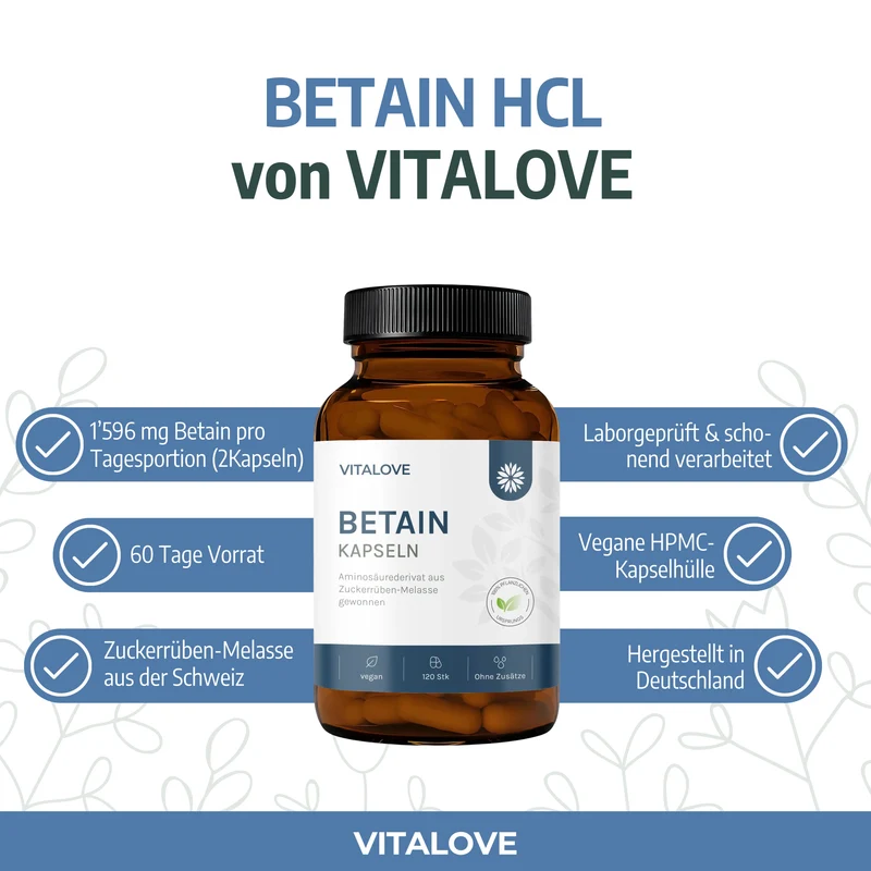 Betain HCL Kapseln – aus Zuckerrüben-Melasse – 120 Kapseln
