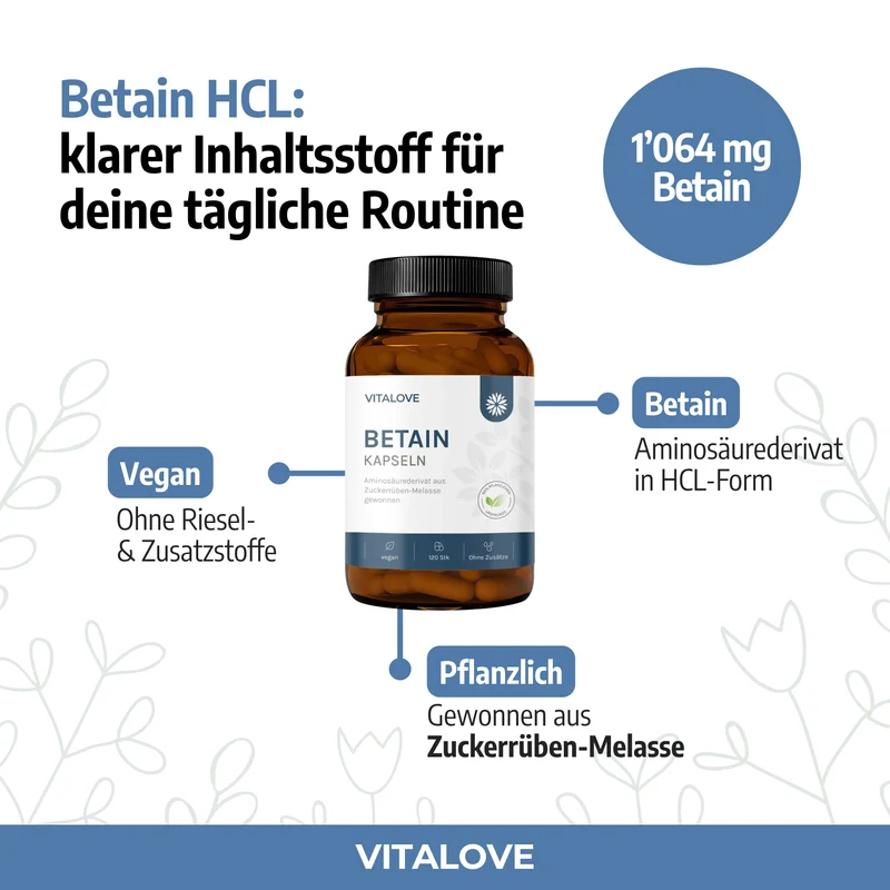 Betain HCL Kapseln – aus Zuckerrüben-Melasse – 120 Kapseln