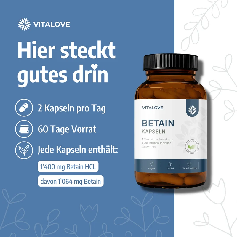 Betain HCL Kapseln – aus Zuckerrüben-Melasse – 120 Kapseln