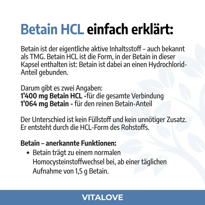 Betain HCL Kapseln – aus Zuckerrüben-Melasse – 120 Kapseln
