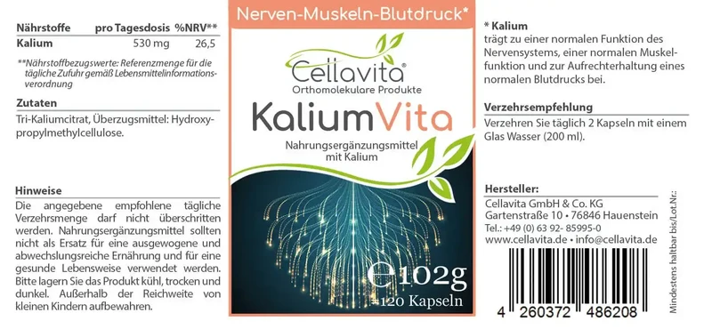 Kalium Kapseln - (Kaliumcitrat) 530 mg pro Tagesdosis (Nerven-Muskeln-Blutdruck)