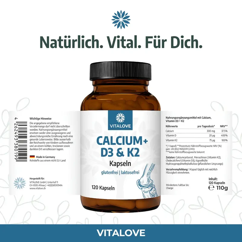 Calcium + D3 & K2 Kapseln – 120 Kapseln