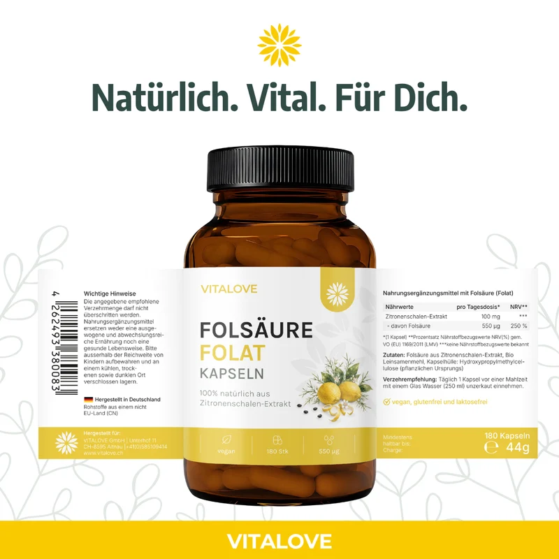 Folsäure Kapseln (Zitronenschalen-Extrakt) – 180 Kapseln